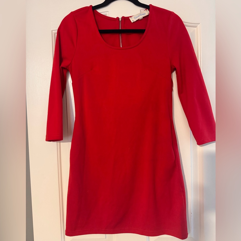 Red Sheath Dress with 3/4 Sleeves and Scoop Neck